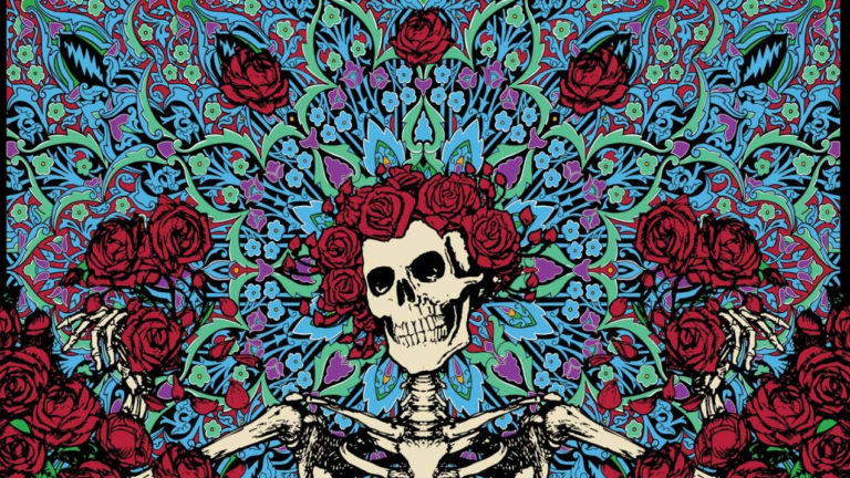 A Grateful Dead egyik közismert „Csontváz és rózsák” grafikája
